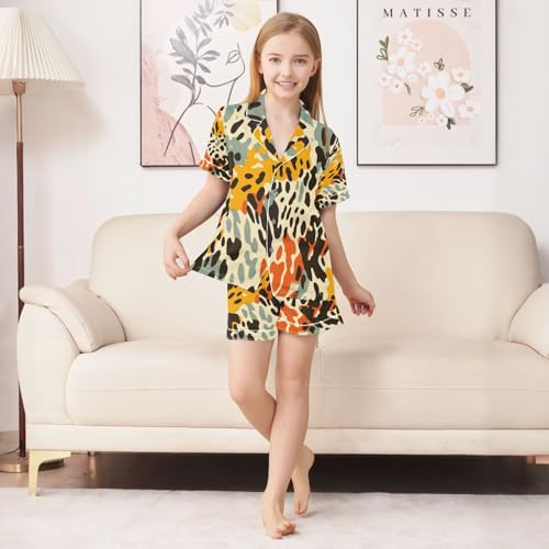 ALAZA Color Leopard Print Satin Pajamas Set Short Sleeve Button Down Sleepwear Summer Pjs 2 Piece3