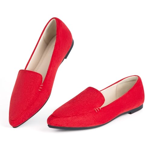MUSSHOE Pointed Toe Flats for Women, Comfortable Business Casual Work Shoes, Slip On Loafers with Arch Support, Office Walking Flats for All Day Standing Red Suede