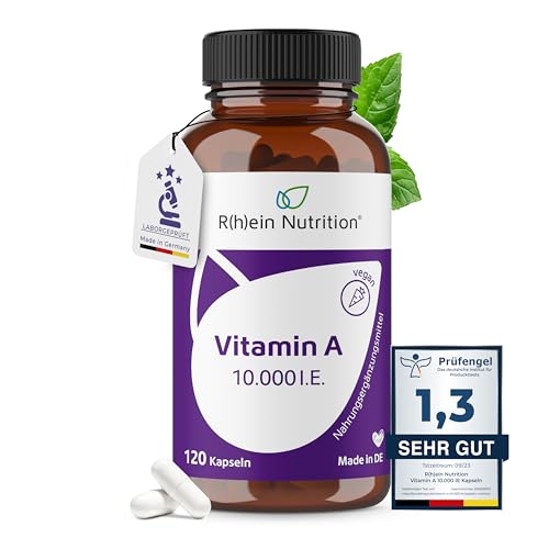 Rhein Nutrition Vitamin A Hochdosiert 10000 IE | Retinol als Retinylacetat | 120 vegane Vitamin A Kapseln für 4 Monate | für Sehkraft Haut und Immunsystem | Laborgeprüft in Deutschland