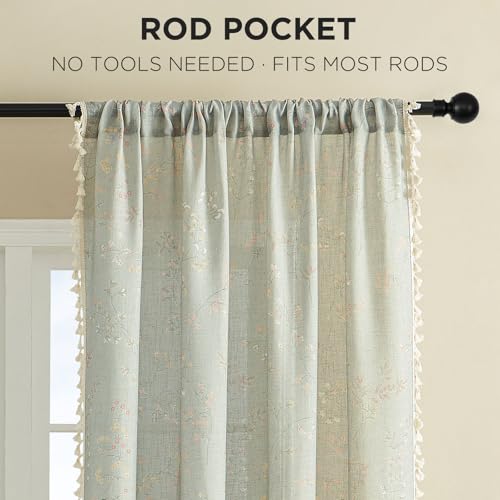 Image of Joydeco Linen Floral Boho Curtains 84 Inch, 2 Panels with Tassels | Super Soft Farmhouse Drapes, Semi Sheer Light Filtering, Natural Look for Bedroom Living Room, Modern Boho Decor
