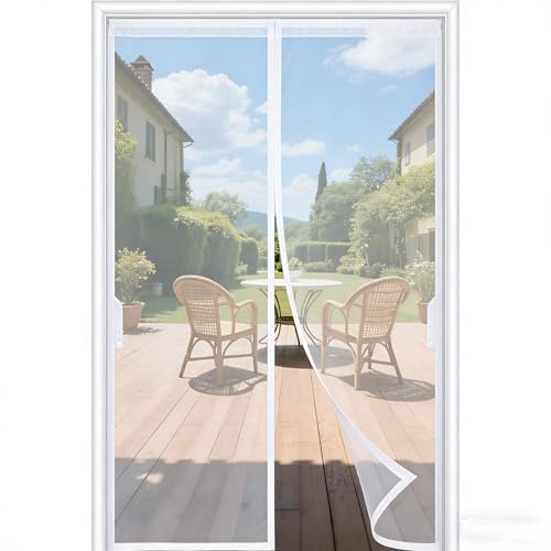 FEGO White Magnetic Screen Door Fit Door Size:32x80 Screen Itself Size 34x81 Enjoy Breeze Hands Free Reinforced Fiberglass Mesh Anti-Tearing Pet & Kid Friendly Strong Magnets for Patio/Front