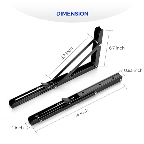 Image of Ravinte 4 Pack 14 Inch Folding Shelf Brackets - Matte Black, Heavy Duty Collapsible Brackets for Tables and Benches - Space-Saving Design