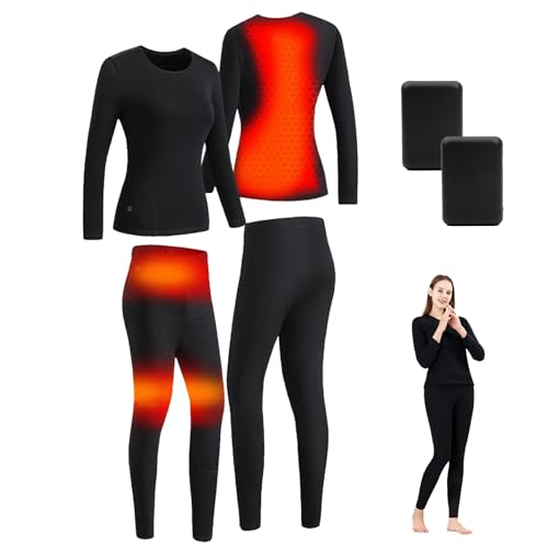 TOVCHEI Conjunto De Ropa Interior Térmica para Mujer, con Calefacción por USB, Camisa Y Pantalones, Forro Polar, Ropa Interior Térmica, Calzoncillos Largos para Exteriores,Negro,XS
