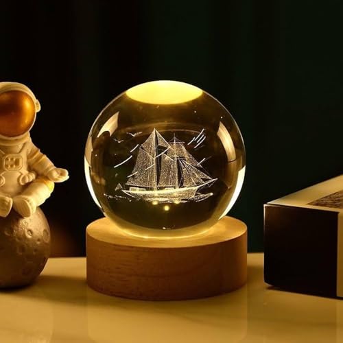 Image of 3D Ship Crystal Ball Night Lamp, Solar System Ship Crystal Ball Night Light, USB Table Colorful Led Wooden Crystel Ball for Home, Office, Birthday Gift (Ship)
