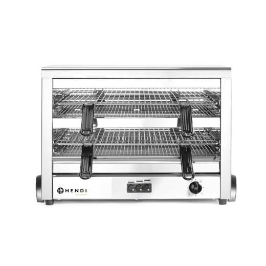 HENDI Horno Salamandra, salamandra eléctrica, parrilla, tostador, asador, gratinador, resistencias de cuarzo, 2 rejillas cromadas (530x340mm), GN 1/1, 400V, 4500W, 685x396x(H)452mm, acero inoxidable