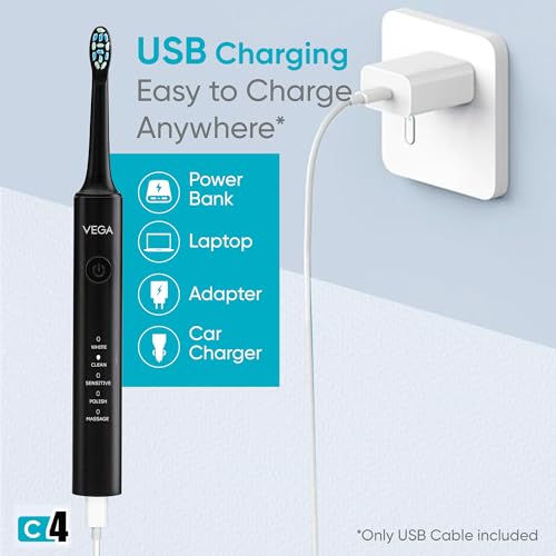 Vega CareOne C4 Electric Toothbrush Rechargeable with IPX7 Waterproof, 3 Brush Head, 2 Min Auto-Timer, 60 Days Battery Life, 1 Year Warranty, 35000... - Image 5