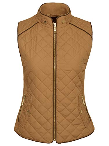 KOGMO Womens Quilted Fully Lined Lightweight Zip Up Vest S-3X-S-CAMEL