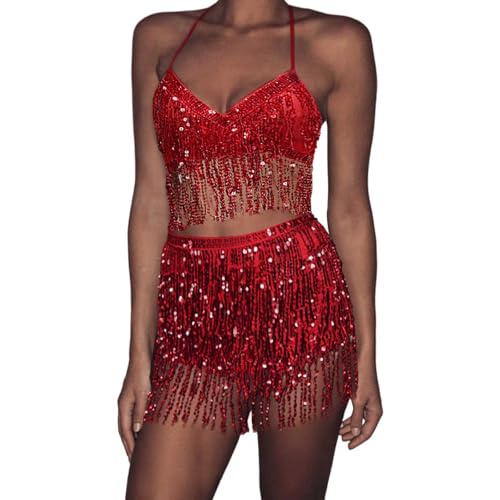 Belly Dance Skirt with Crop Top Sequins Fringe Skirts Set Rave Dance Bra Top Party Costume Outfits for Women and Girls Z05 Red One Size