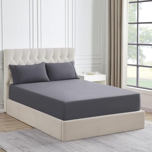 King Size Flannel Fitted Sheet Only with Full Elastic & Built in Corner Sheet Straps to Prevent Shifting - Soft & Cozy Flannel Bottom Sheet King Gray