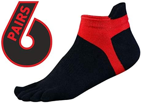 Five toe socks 6 pack - toes separated comfortable socks for athletic, running, walking, yoga and casual use (Black red)