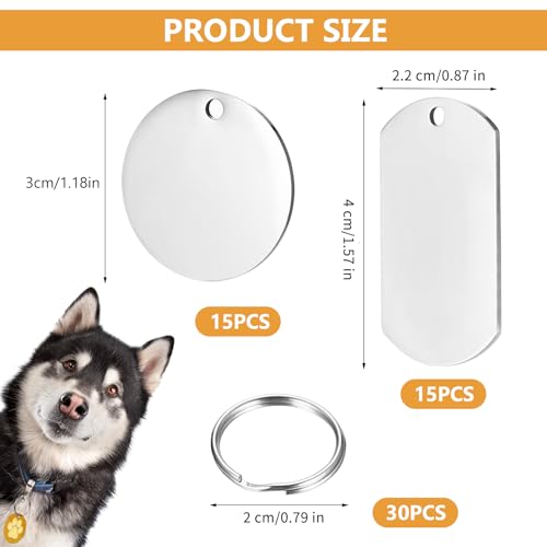 30 Stück Blanko-Hundemarken, personalisierbar, Namensschilder für Haustier-Katzen, Edelstahl-ID-Haustier-Halsbandanhänger, Metall-Schlüsselrohlinge, Schlüsselbeschriftungsanhänger für DIY-Set-Anhänger