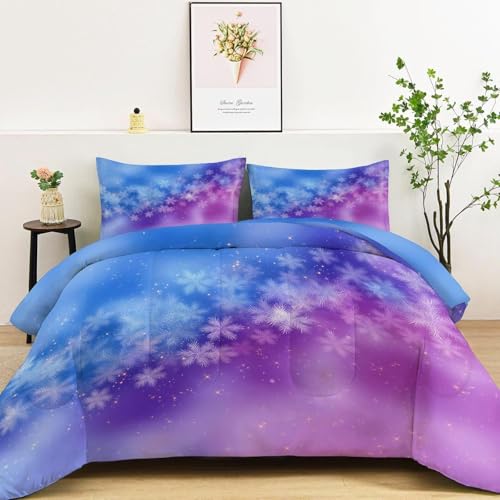 Genérico Edredon Cama 90 Copos de Nieve Edredón Infantil sin Funda Reversible Morado y Azul Estampado Suave Ligero Transpirable Duvet 135x200 cm Incluye 2 Fundas de Almohada 50x75 cm YUe1958