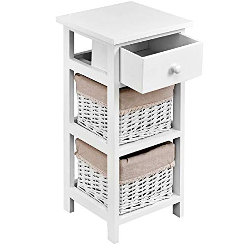 GOPLUS Cajonera de Almacenamiento con 1 Cajón y 2 Cestas de Madera, Mesa de Noche Moderna con Cesta Tejida Extraíble (Blanco)