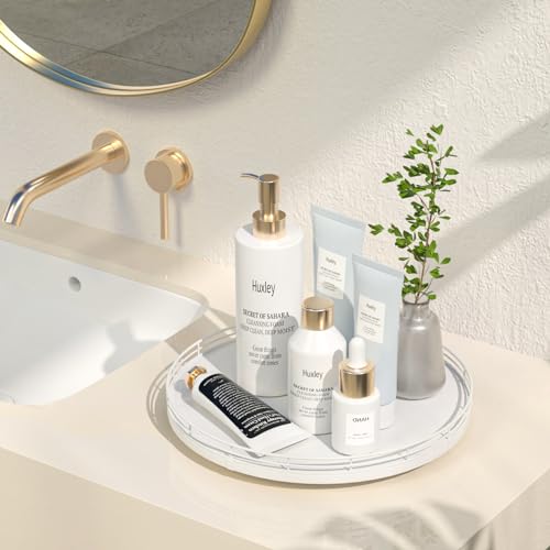 Image of 12 inch Oak Wood Bathroom Tray for Counter, Vanity Tray for Perfume Lotion Candle Makeup Jewelry Sink Soap Holder Turntable Dresser Organizer Countertop Coffee Table Decor Organization and Storage White
