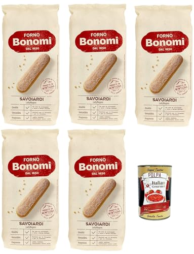 Forno Bonomi Lot de 5 boîtes de biscuits italiens pour tiramisu, biscuits et biscuits Savoiardi, 400 g + Italian Gourmet Polpa 400 g