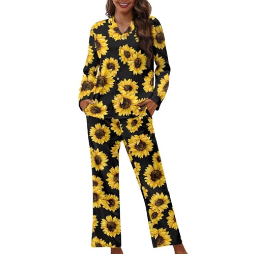 Ensemble de pyjama pour femme en tissu respirant manche longue et pantalon jaune 3XL