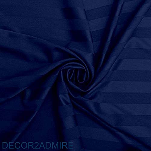 Image of DECOR2ADMIRE 300 TC Premium Glace Cotton All Round Elastic Fitted Plain Stripe Pastel Shades Queen Size Bedsheet with 2 Pillow Covers (Dark Blue, Queen 90 inch x 100 inch)