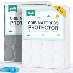 Biloban Crib Mattress Protector 2 Pack, Waterproof, Quilted, Grey & White, Absorbent, Ultra Soft, Noiseless, Durable