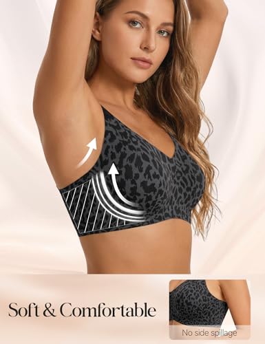 LUCKMEEY Jelly Wireless Bras for Women Push Up Plunge Supportive Seamless T-Shirt Bras No Underwire Supportive Full Coverage Bra Black Leopard Large - image 3