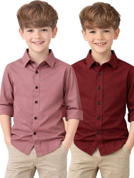Image of YYQ Pack of 2 Boys Solid Cotton Blend Shirts - Full Sleeve Casual, Soft & Comfortable Spread Collar Shirts for Boys