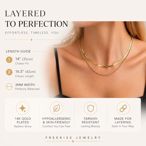 Image of Freekiss Layered Necklace Set for Women Stackable | Herringbone Snake Cuban Rope Chain, Dainty Choker, Layered Stackable, Non Tarnish, Hypoallergenic, Adjustable 14-18.5 inch