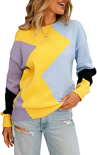 ECOWISH Women's Fall Sweater 2024 - Long Sleeve Color Block Patchwork Round Neck Pullover Knit Tops Cute Casual Sweaters