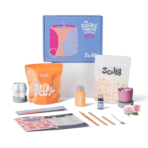 Sculpd Kit de alfarería para principiantes para hacer velas con arcilla secada al aire, para adultos, con cera de soja ecológica, aceite aromático, barniz, herramientas y guía (español no garantizado)
