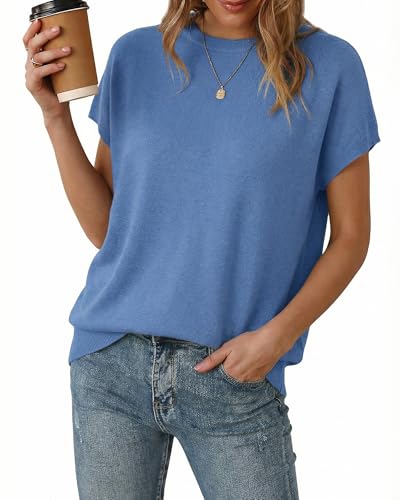 Arach&Cloz Womens Spring Blue Summer Blouse Short Sleeve Oversized Sweaters