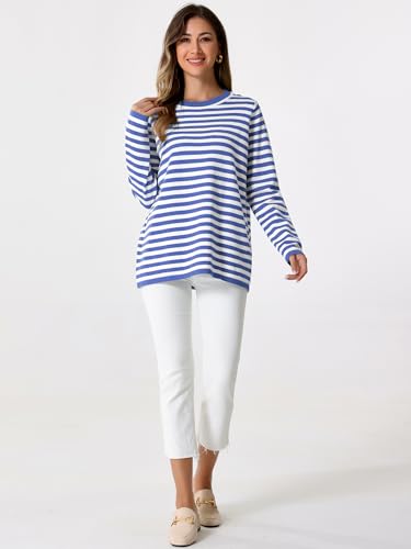 Image of Allegra K Women's Sweaters Long Sleeve Dressy Casual Striped Crewneck Pullover Tops Medium Blue