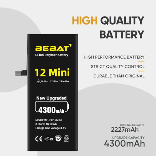 Image of Replacement for iPhone 12 MINI Battery, 4300mAh High Capacity Li-ion Polymer Replacement Battery for Model A2399 A2400 A2398 A2176 with Professional Repair Tool Kits