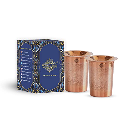 Indian Art Villa Copper Glass Tumbler Cup with Lid, Embossed Design, Drinkware, 10 OZ Each, Set of 2