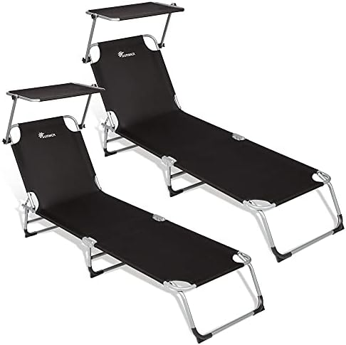 SUNMER Sun Loungers Recliners Set of 2, Garden Day Bed, Folding Outdoor Sun Beds Loungers Reclining With Adjustable Backrest And Sun Shade Roof Canopy - Black