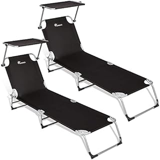 SUNMER Sun Loungers Recliners Set of 2, Garden Day Bed, Folding Outdoor Sun Beds Loungers Reclining With Adjustable Backrest And Sun Shade Roof Canopy - Black