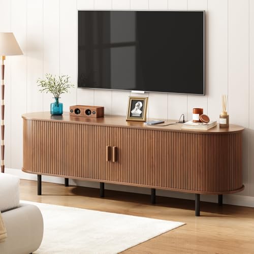 Image of ONBRILL 70.8 inch TV Stand with Power Outlet for TVs up to 75 Inch, Entertainment Center with Storage and Adjustable Shelves, Modern Media Console with Sliding Doors for Living Room, Walnut