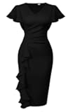 Memoriesea Women's Sexy V Neck Ruffle Short Sleeve Bodycon Cocktail Work Midi Dress