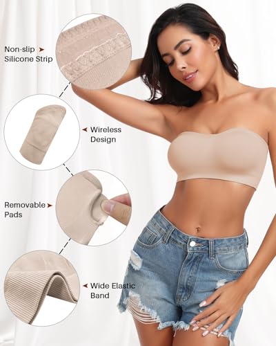 Image of Strapless Bra for Women Bandeau Bras Seamless Wireless Padded Bandeau Top Non-Slip Tube Top