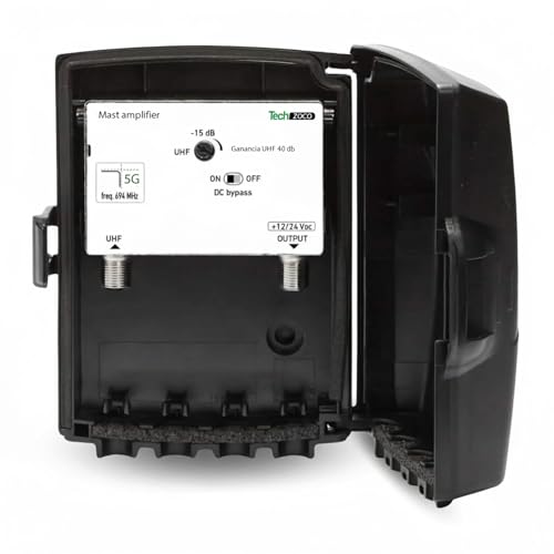 TECHZOCO Amplificador mastil, Ganancia de 40dB Regulable manualmente y Filtro LTE2 5G Integrado, Adaptado al 2º Dividendo Digital, IP55, Consumo 62 mA, Alimentacion 24 VDC, 1 Entrada 1 Salida