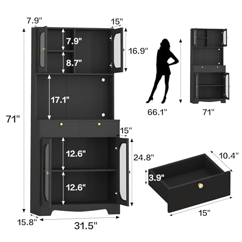 Image of 72 inch Black Kitchen Pantry Cabinet with Lights and Charging Station, Tall Hutch Storage Cabinet Coffee Bar Cabinet with Microwave Shelf for Dining Room