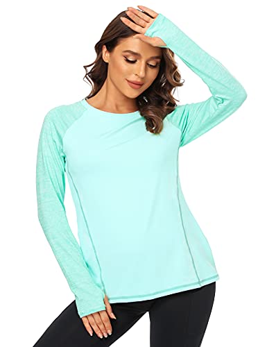 Chicho Fall Dry Fit Cool Loose Hiking Running Shirts Thumb Holes Women Long Sleeve, Outdoor Fishing Camping Workout Exercise Tops Clothes Lightweight Tennis Sports T-Shirt Comfortable Green M #TOP3