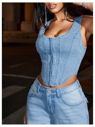 WDIRARA Women's Sequin Square Neck Hook Eye Denim Tank Top Sleeveless Asymmetrical Jean Crop Top4