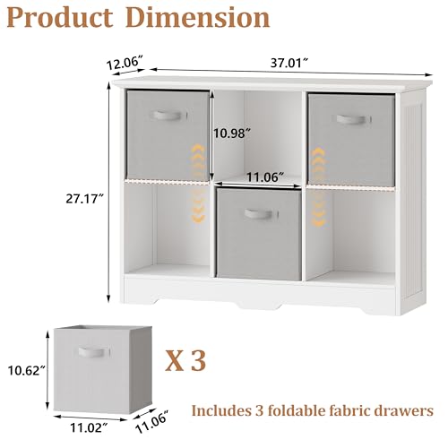 Image of 6 Cube Storage Organizer Shelf, Wood Cubby Storage with 3 Fabric Drawers, 2 Tier Wooden Bookshelf with 2 Adjustable Shelves & Fluted Side Panels for Bedroom, Living Room, Home Office, White