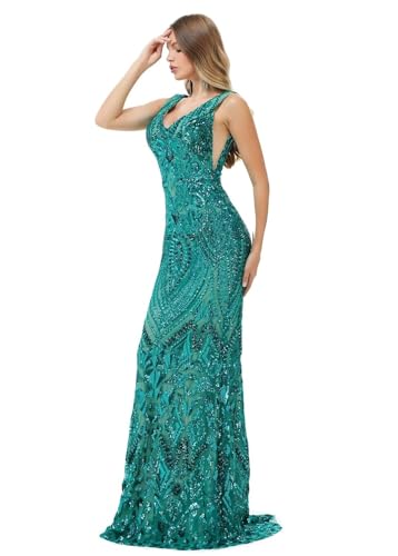 Image of Women's Wedding Bridesmaid Gown Sequined Mermaid V Neck Sleeveless Evening Dress