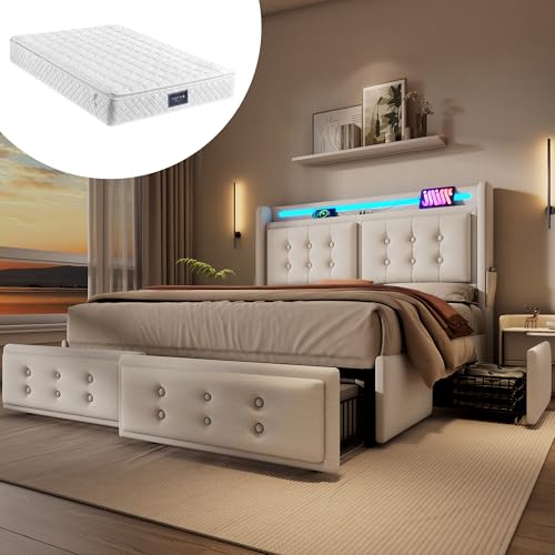 Generisch Cama tapizada de 140 x 200 cm con cabecero LED, base de carga USB-C y 4 cajones, cama con somier, capacidad de carga de 300 kg en color beige (incluye colchón)