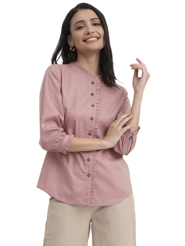 pink fort Women's Solid Linen Blend Collared Top - Pink-picture-14