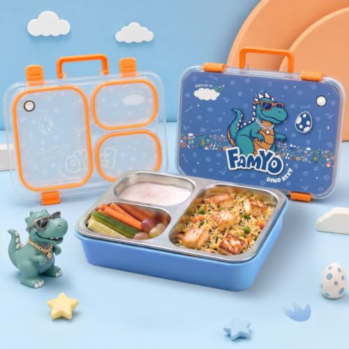 Image of Famyo Bento Lunch Box for Kids, Rexy Dino | Leakproof, Stainless Steel, 3 Compartment, 4 Clip Lock & Secret Compartment, BPA Free