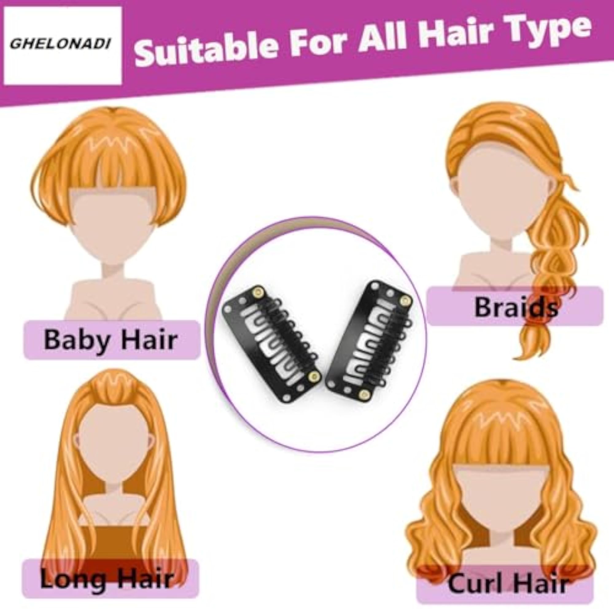 4pcs 6-Teeth U-Shape Snap Clips Hair Tinsel with Tools