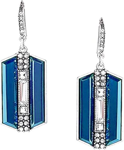 Extra Large Silver Tone Art Deco Antique Vintage Style Statement Blue Sapphire Rhinestone Geometric Dangle Earrings