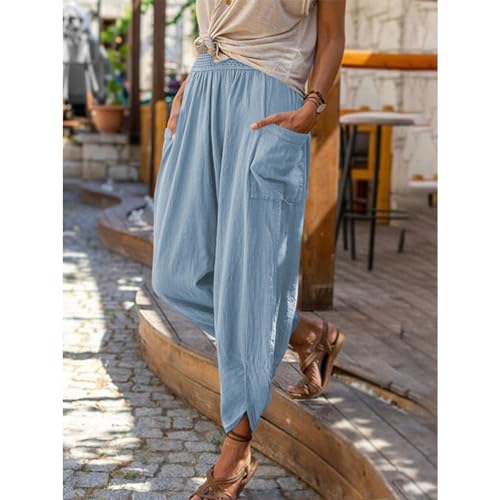 Women's Linen Pants Lantern Tapered Elastic Waist Cropped Pants Trousers with Pockets2