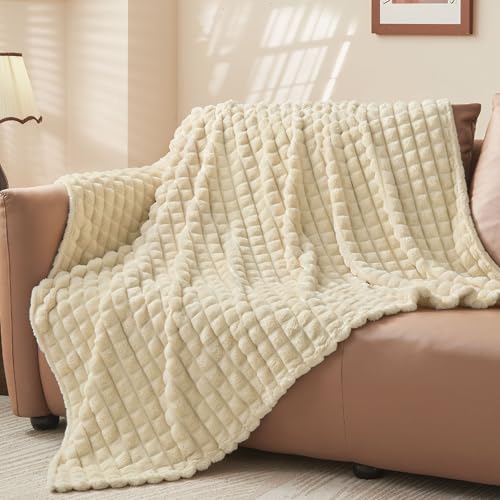 Image of BEDELITE Beige Fleece Twin Blanket for Couch Dorm Room Decor, 60x80 Inch