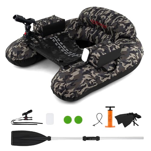 COSTWAY Barca Gonfiabile da Pesca, Belly Boat Portatile con Portacanna Regolabile, Supporto per Ami, Pagaia in Alluminio, Pinne, Pompa e Kit di Riparazione, Portata 150 kg (Mimetico)